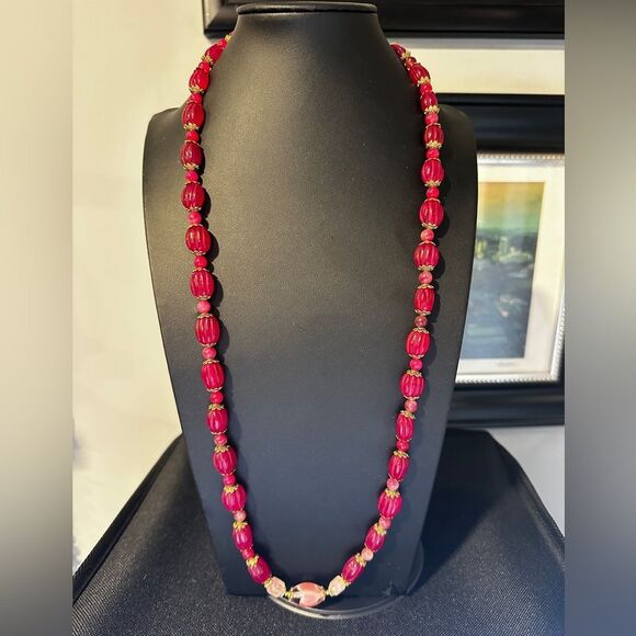 30", carved Ruby, tourmaline, rose quartz and glass artisan necklace! - Picture 10 of 12